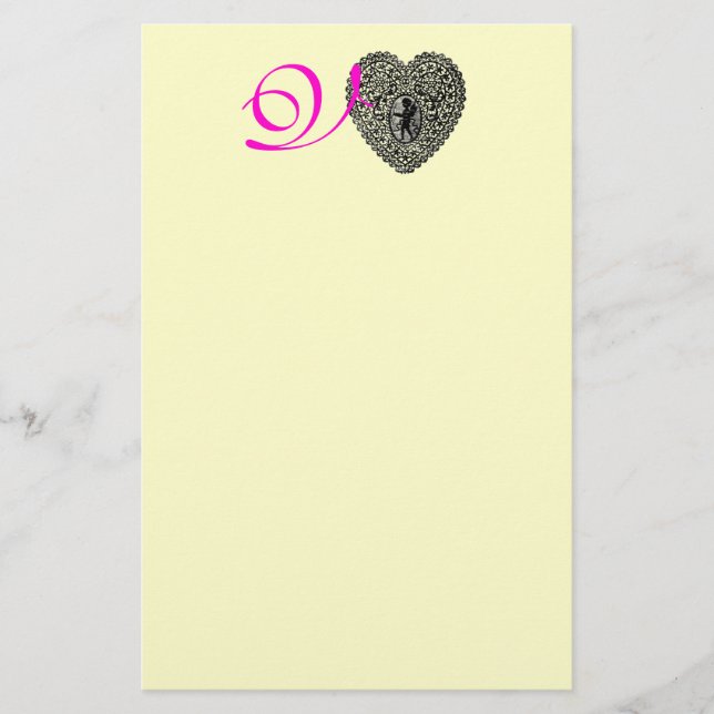 CUPID LACE HEART MONOGRAM, pink fuchsia Stationery (Front)