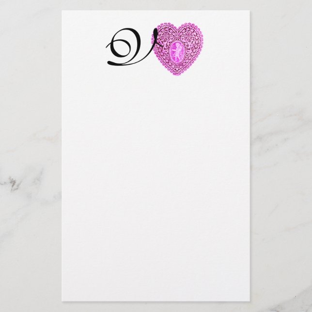 CUPID LACE HEART MONOGRAM, pink fuchsia Stationery (Front)