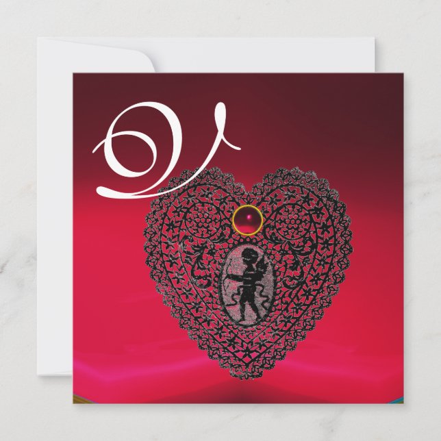 CUPID LACE HEART MONOGRAM, red burgundy black Announcement (Front)