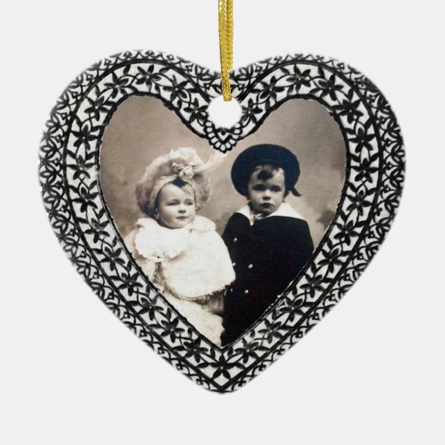 CUPID LACE HEART PHOTO TEMPLATE CERAMIC TREE DECORATION (Front)