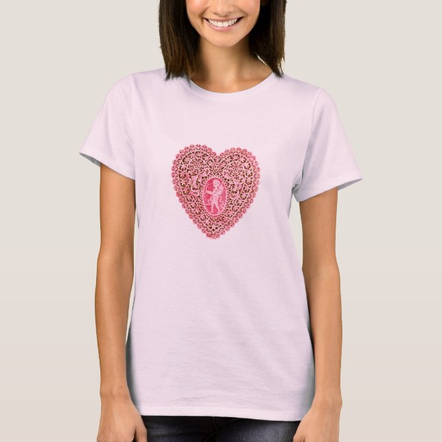 CUPID LACE HEART, Pink Red T-Shirt (Front)