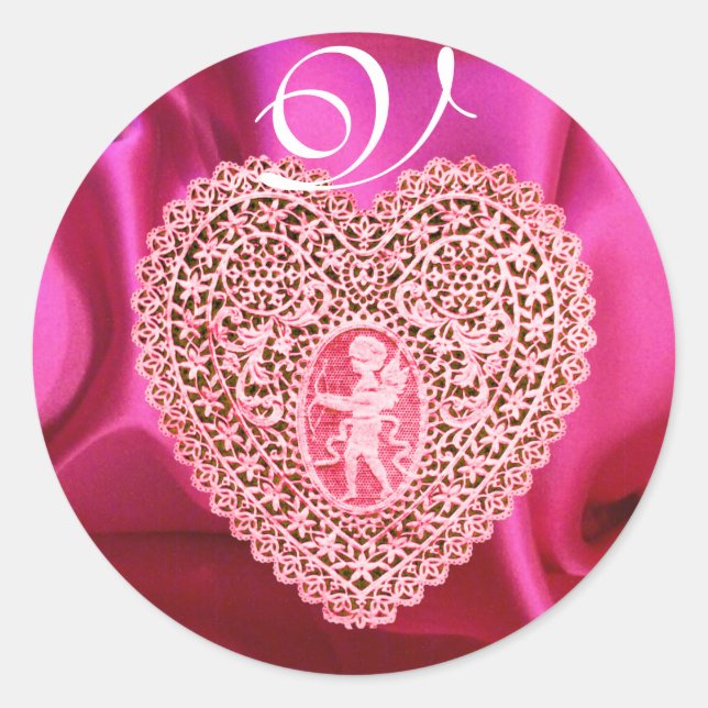 CUPID LACE HEART SILK FUCHSIA CLOTH , Pink Red Classic Round Sticker (Front)