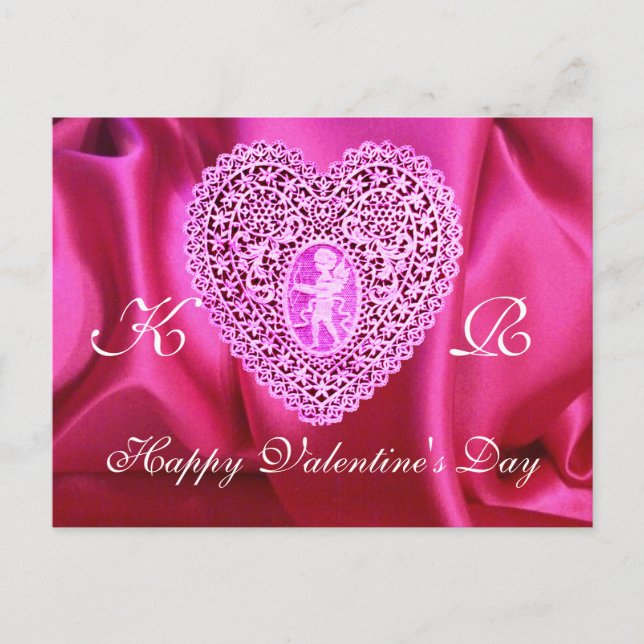 CUPID LACE HEART SILK FUCHSIA CLOTH , Pink Violet Holiday Postcard (Front)