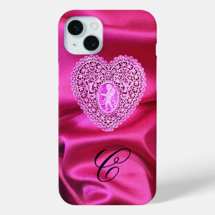 CUPID LACE HEART SILK PINK FUCHSIA CLOTH MONOGRAM iPhone 15 MINI CASE