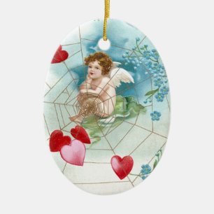 Cupid Snaring Hearts in Web Vintage Valentine Ceramic Tree Decoration