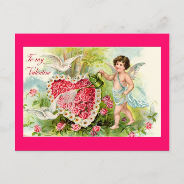 Cupid Valentine Pink Roses Postcard (Front)