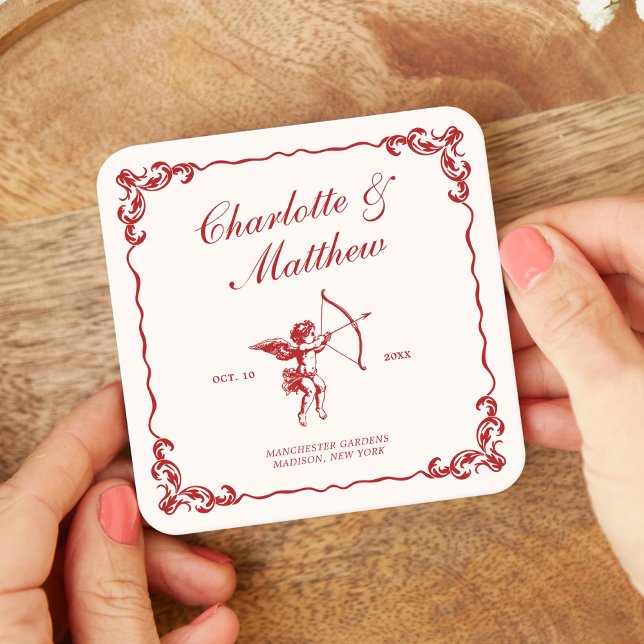 Cupid's Arrow Red Vintage Wedding Square Paper Coaster (Creator Uploaded)