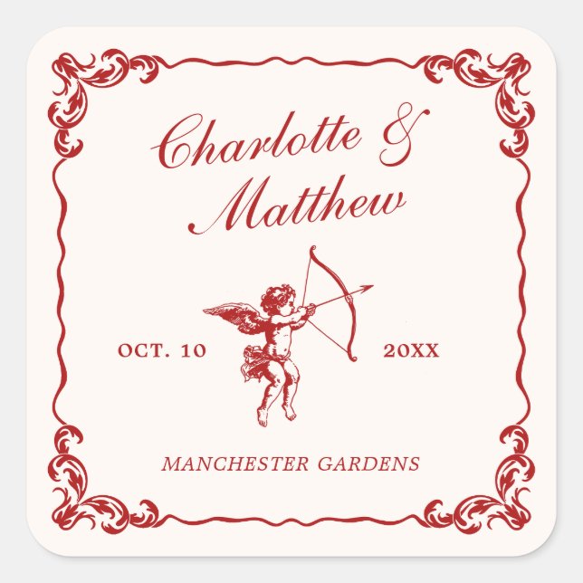 Cupid's Arrow Red Vintage Wedding Square Sticker (Front)