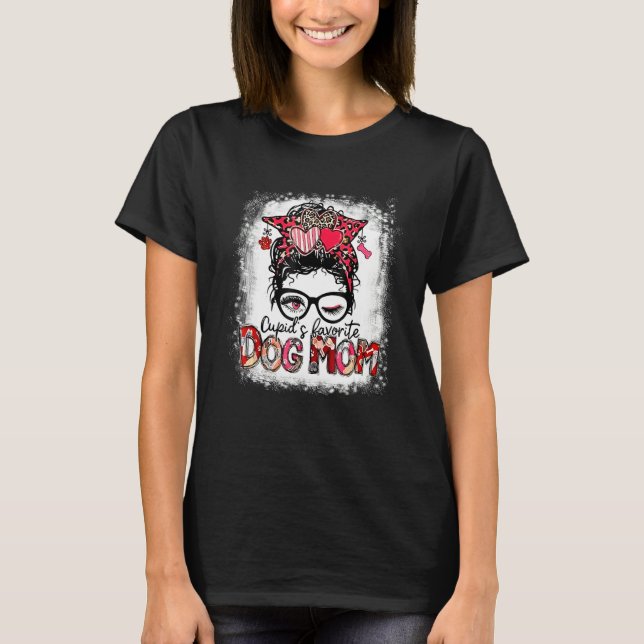 Cupid's Favorite Dog Mom Messy Bun Leopard Valenti T-Shirt (Front)