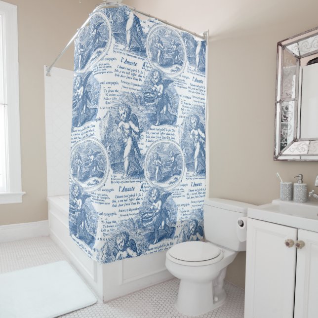 Cupids in Love Romantic French Toile Blue Shower Curtain (In Situ)