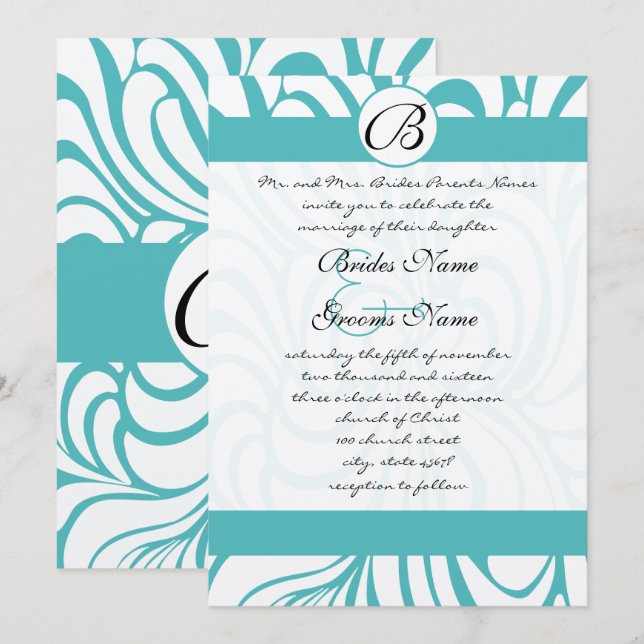 Curacao Blue Swirls Wedding Invitations (Front/Back)