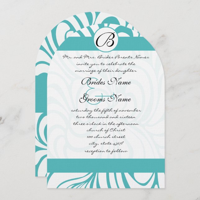 Curacao Blue Swirls Wedding Invitations (Front/Back)