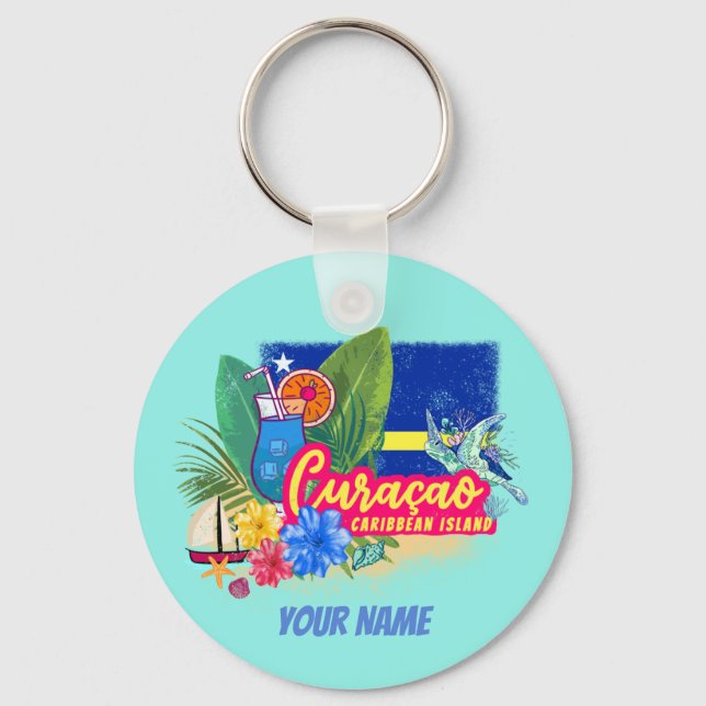 Curacao retro caribbean island with turtle vintage key ring (Front)