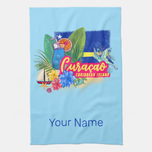 Curacao retro caribbean island with turtle vintage tea towel