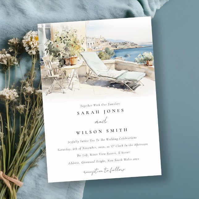 Curfu Greece Watercolor Landscape Wedding Invitation (Creator Uploaded)
