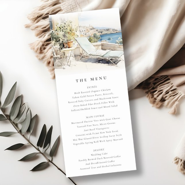 Curfu Greece Watercolor Landscape Wedding Menu Invitation (Creator Uploaded)