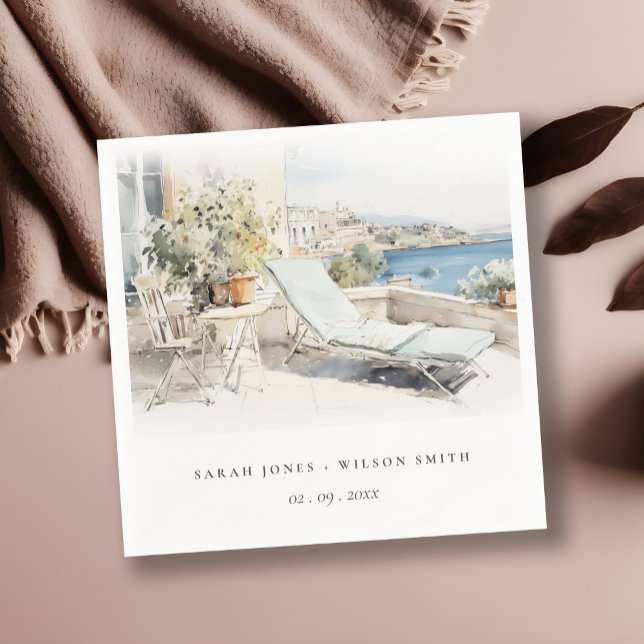 Curfu Greece Watercolor Landscape Wedding Napkin (Creator Uploaded)