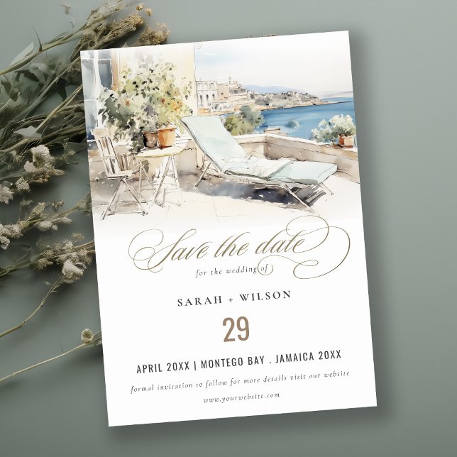 Curfu Greece Watercolor Landscape Wedding Save The Date (Creator Uploaded)