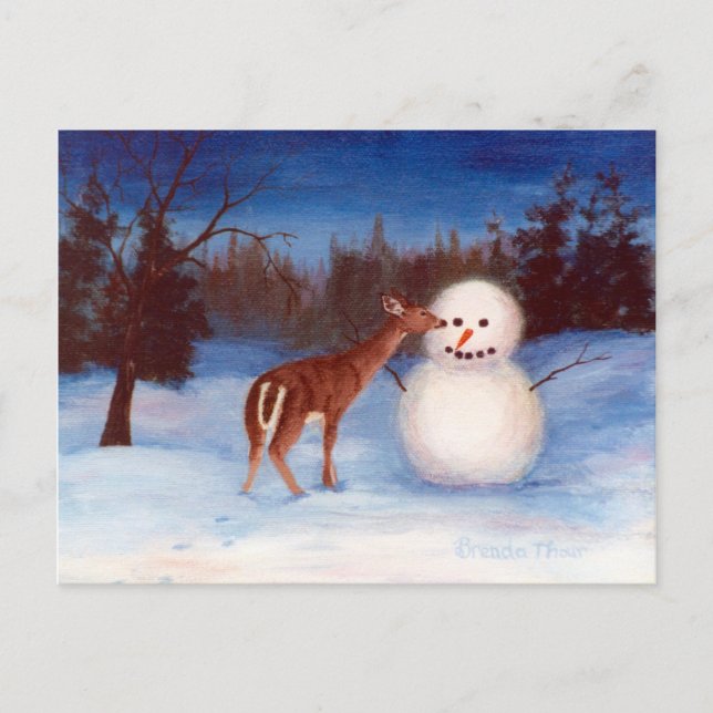 Curiosity Deer and Snowman Postcard (Front)