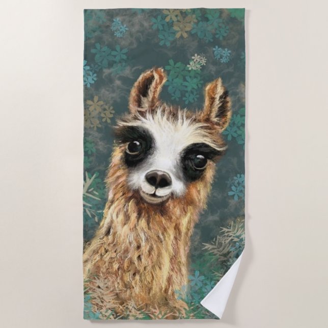 Curious Baby Llama Funny Beach Towel (Front)