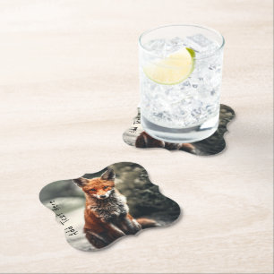 Curious Big Red and White Fox Sitting in Nature Paper Coaster