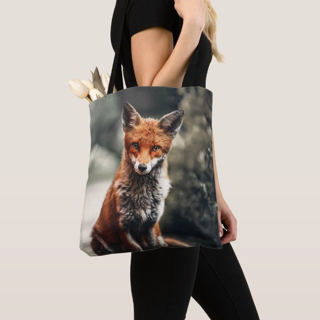 Curious Big Red and White Fox Sitting in Nature Tote Bag (Close Up)