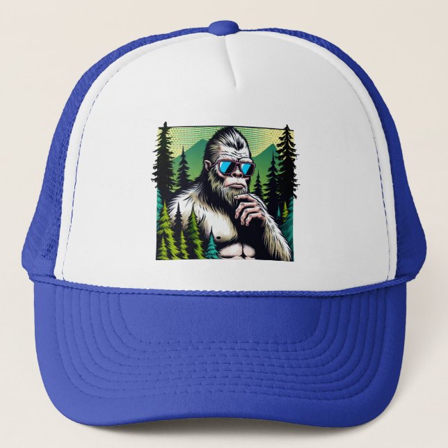 Curious Bigfoot with Sunglasses Hiding in Woods Trucker Hat (Front)