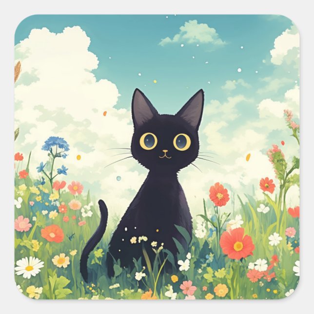 Curious Black Cat Among Colourful Blossoms Square Sticker (Front)