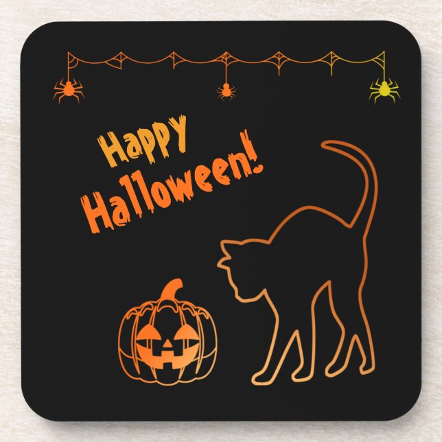 Curious Black Cat and Jack-o-Lantern Halloween Coaster (Front)