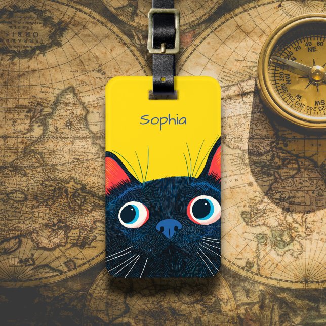 Curious Black Cat Illustration Luggage Tag (Creator Uploaded)