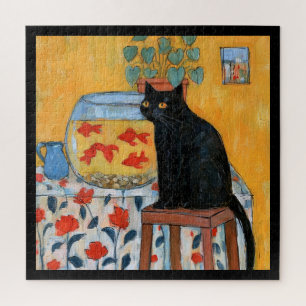 Curious Black Cat Watching Fishbowl Jigsaw Puzzle