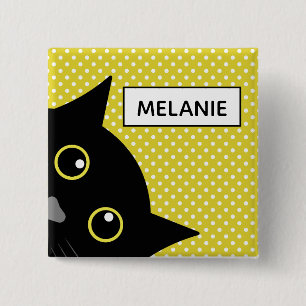 Curious Black Cat Yellow Polka Dot Personalised 15 Cm Square Badge