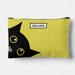 Curious Black Cat Yellow Polka Dot Personalised Accessory Pouch