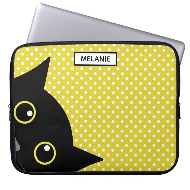 Curious Black Cat Yellow Polka Dot Personalised Laptop Sleeve (Front)