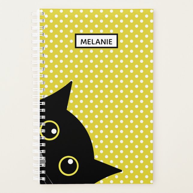 Curious Black Cat Yellow Polka Dot Personalised Planner (Front)