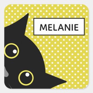 Curious Black Cat Yellow Polka Dot Personalised Square Sticker