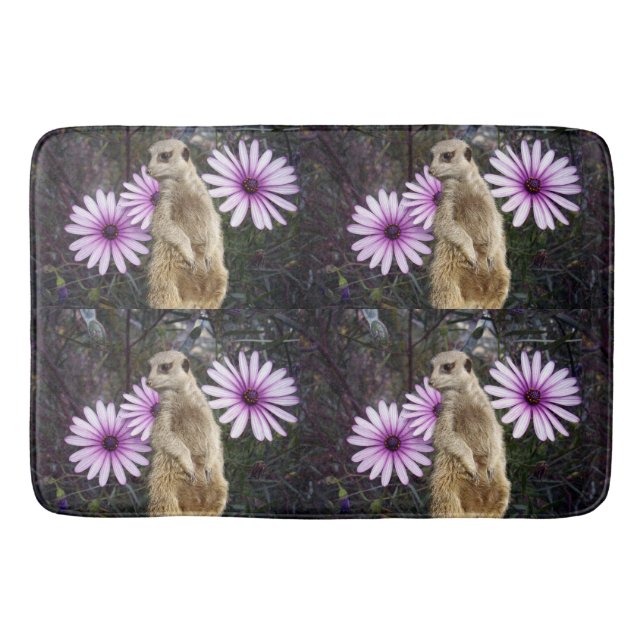 Curious Bloom: Meerkat Among Purple Daisies Bath Mat (Front)