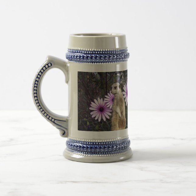 Curious Bloom: Meerkat Among Purple Daisies Beer Stein (Left)