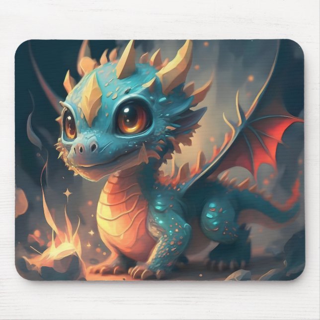 Curious Blue Chibi Dragon Mouse Pad (Front)
