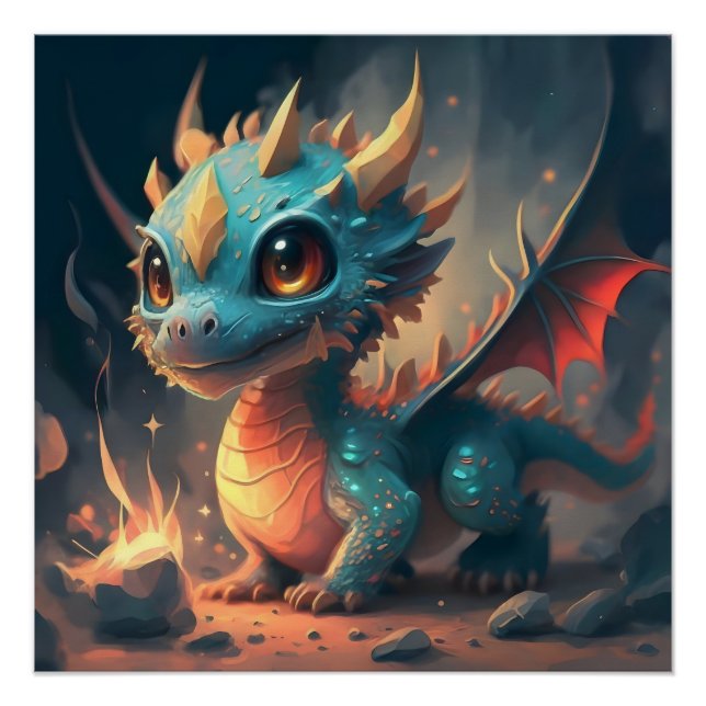 Curious Blue Chibi Dragon Poster (Front)