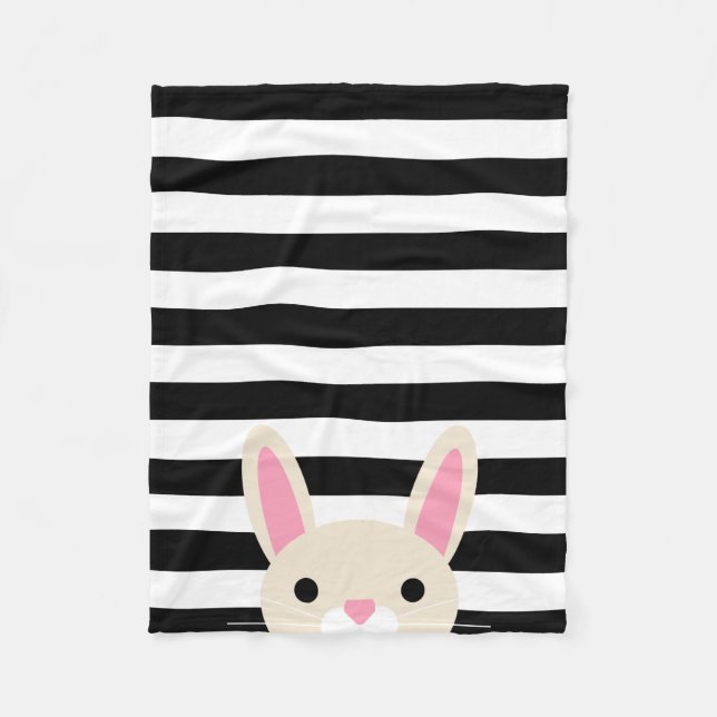 Curious Bunny | Stripes | Black & White Fleece Blanket (Front)