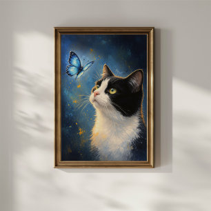 Curious Cat and Blue Butterfly Poster
