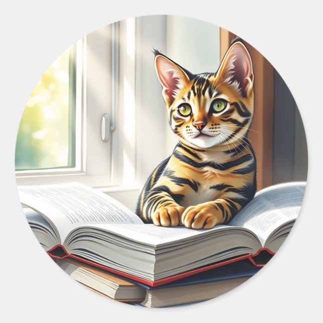 Curious Cat and Books Classic Round Sticker (Front)