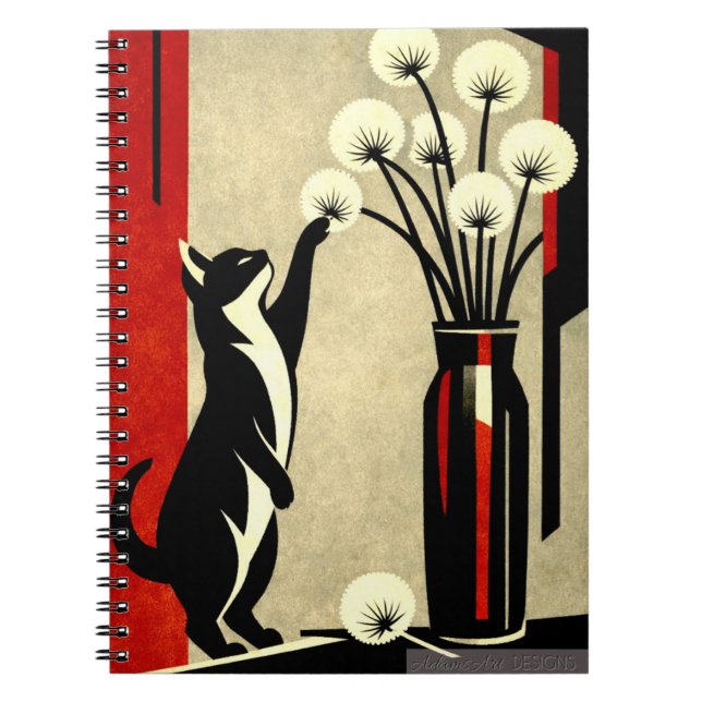Curious Cat and Dandelions – Art Deco Style Notebook (Front)