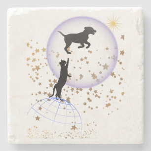 Curious cat and running dog stone coaster