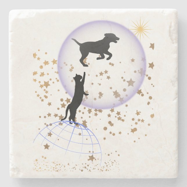 Curious cat and running dog stone coaster (Front)