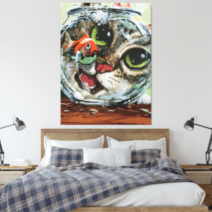 Curious Cat & Cautious Goldfish Canvas Print
