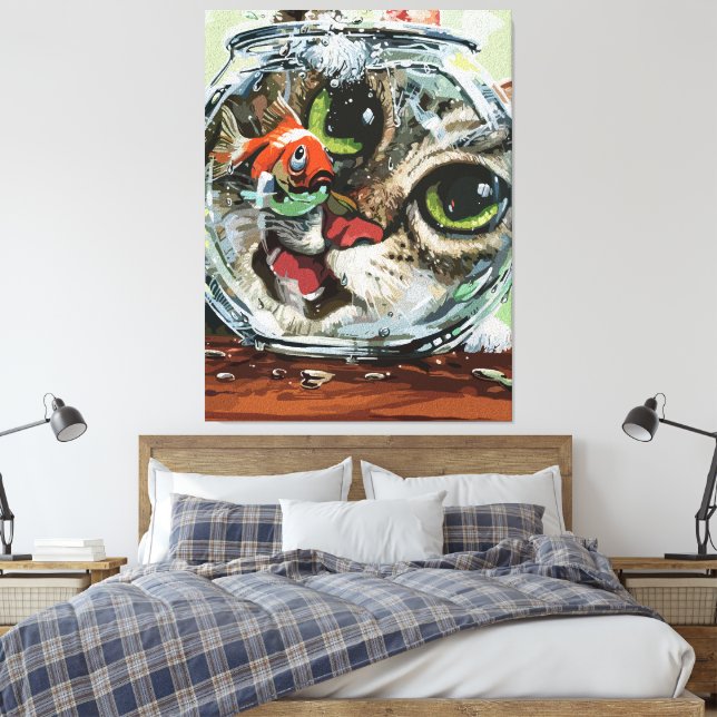 Curious Cat & Cautious Goldfish Canvas Print (Insitu(Bedroom))