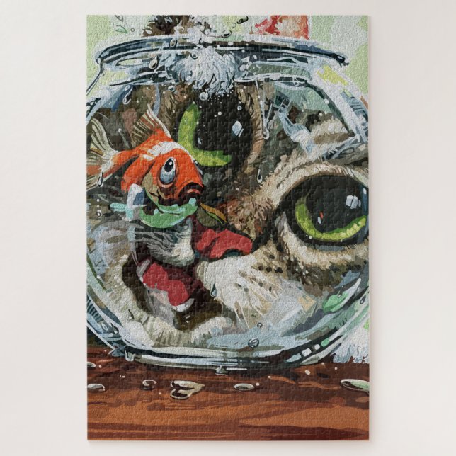 Curious Cat & Cautious Goldfish Jigsaw Puzzle (Vertical)