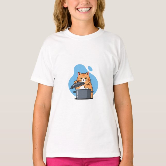 Curious Cat Cooking Pot Kids T-Shirt (Front)